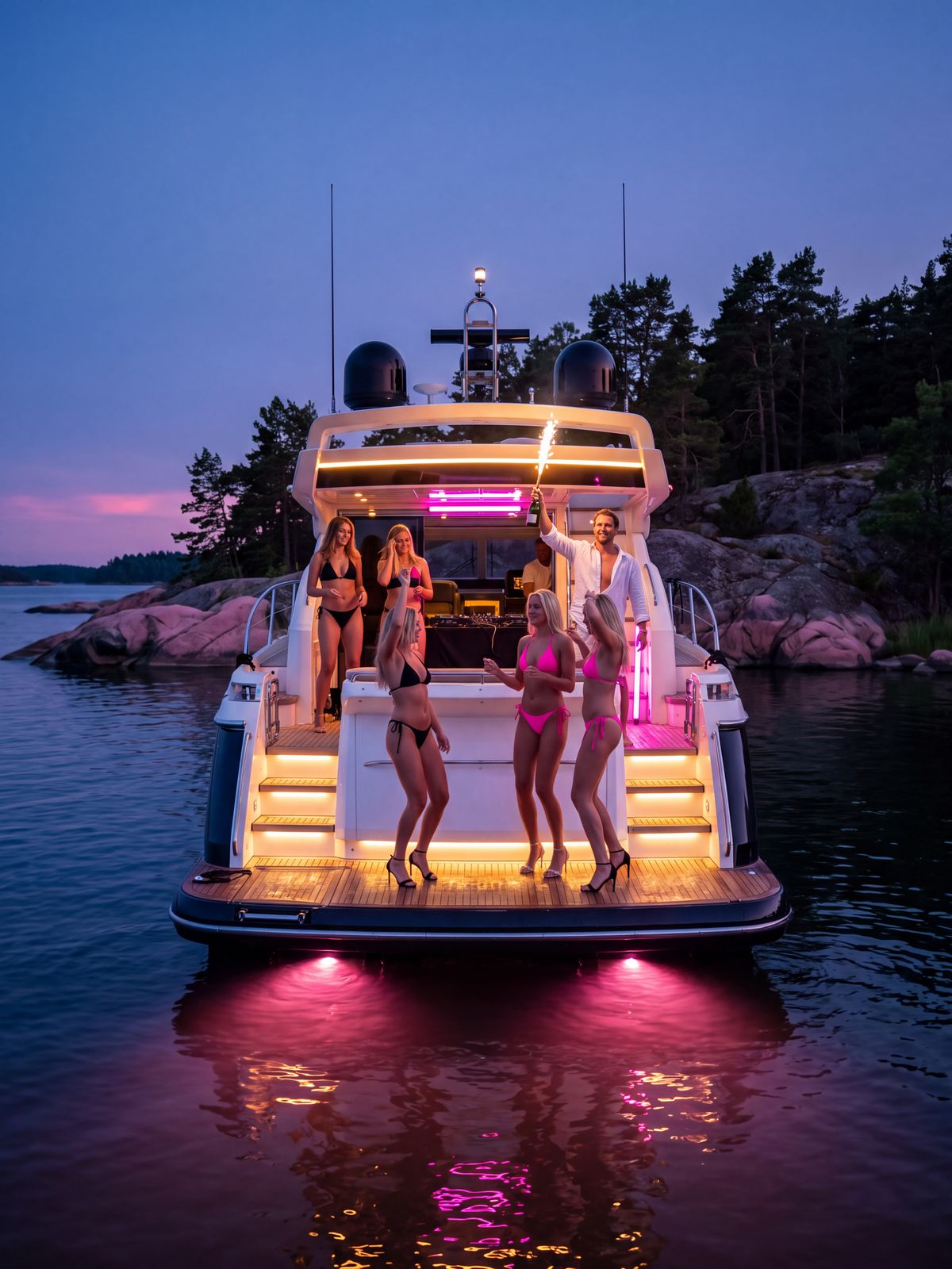 Fest på akterdäck till en yacht i skärgården i skymningen